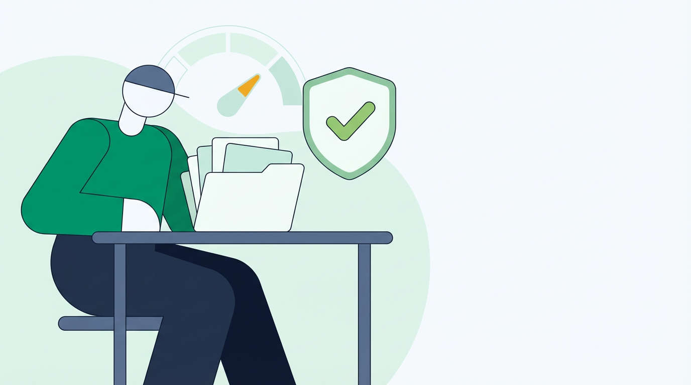 Illustration of reviewing tax documents with a shield and checkmark