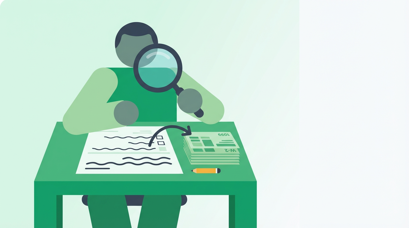 Illustration of a person verifying tax forms with documents on a desk